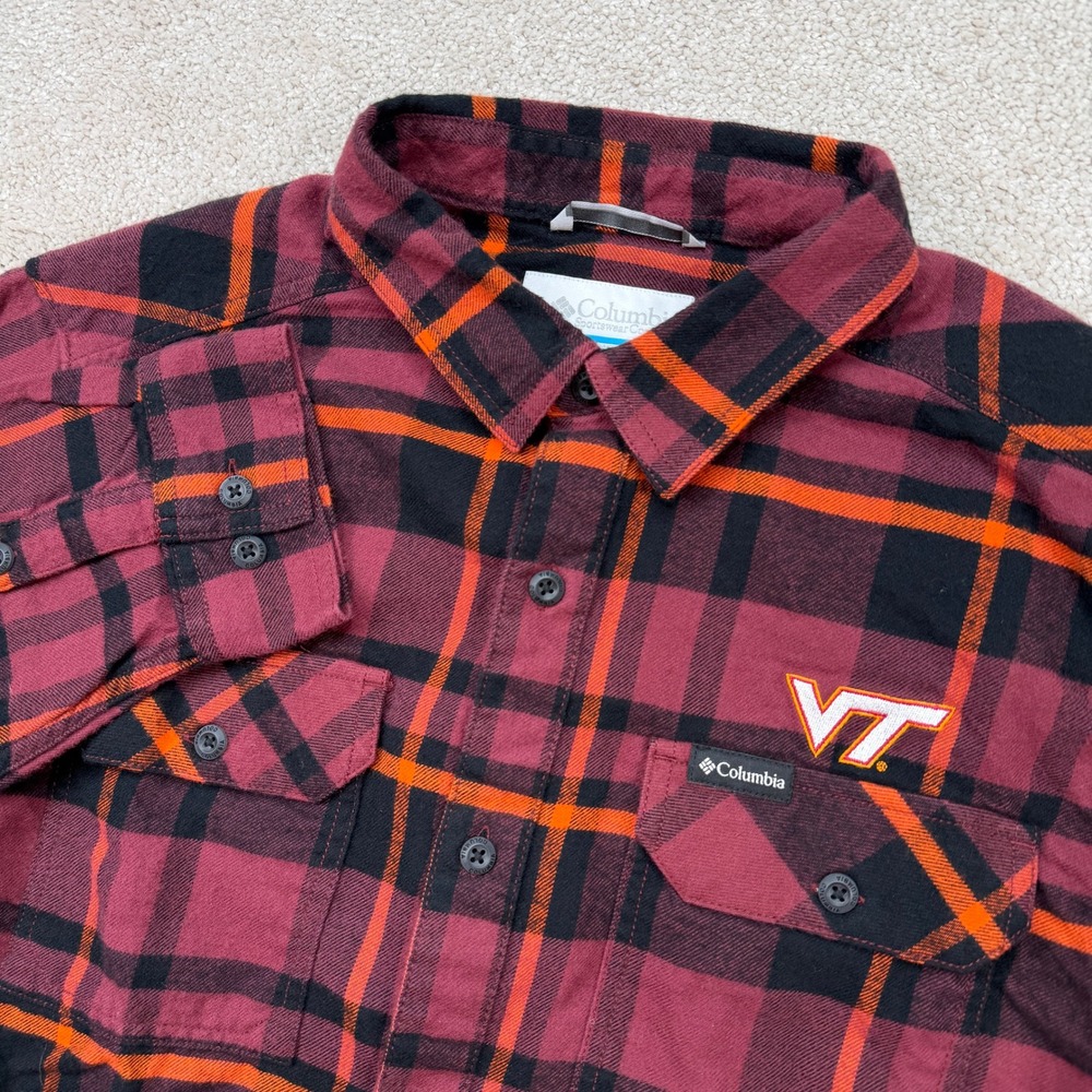 Columbia Virginia Tech VT Hokies Mens M Flannel Shirt Maroon Orange Plaid Button